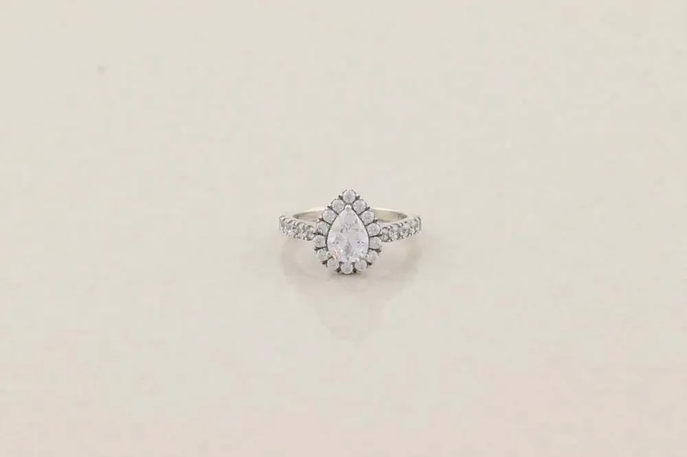 Sterling Silver Sparkly Pear Cut Halo Cubic Zirconia Ring 6 1/4 Engagment Ring